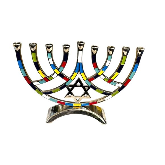 Unbranded Other - Jewish Hanukkah Metal With Inlaid Multicolored Mosaic Menorah With Star of David